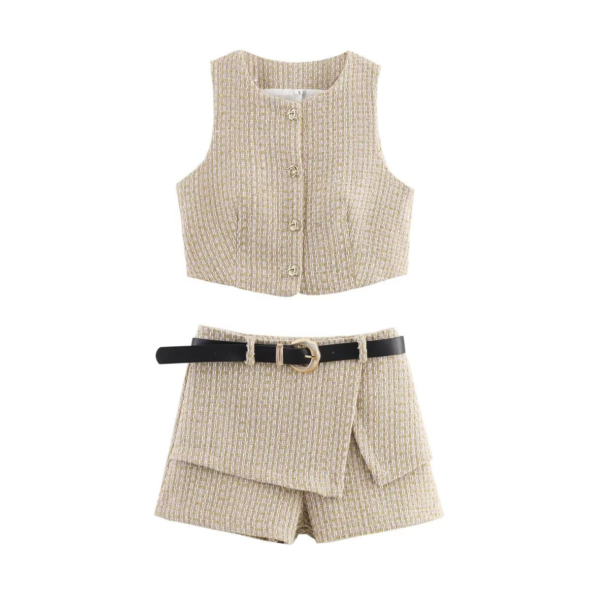 Ladies tweed shorts set with fitted top and belt Ivyshape