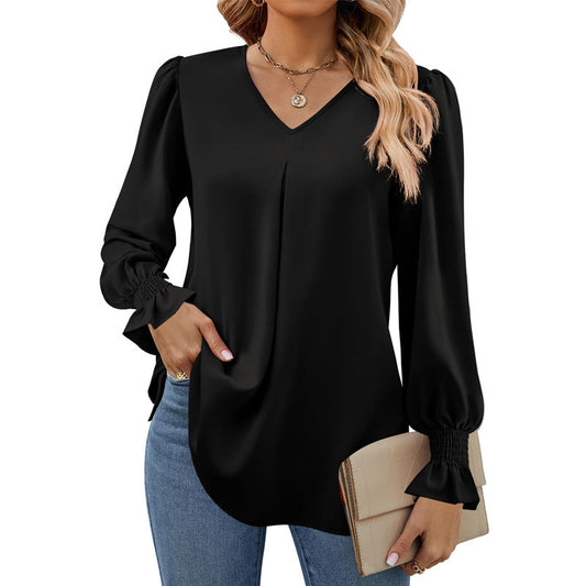 IvyShape | Solid Color V-Neck Puff Sleeve Long Sleeve Top