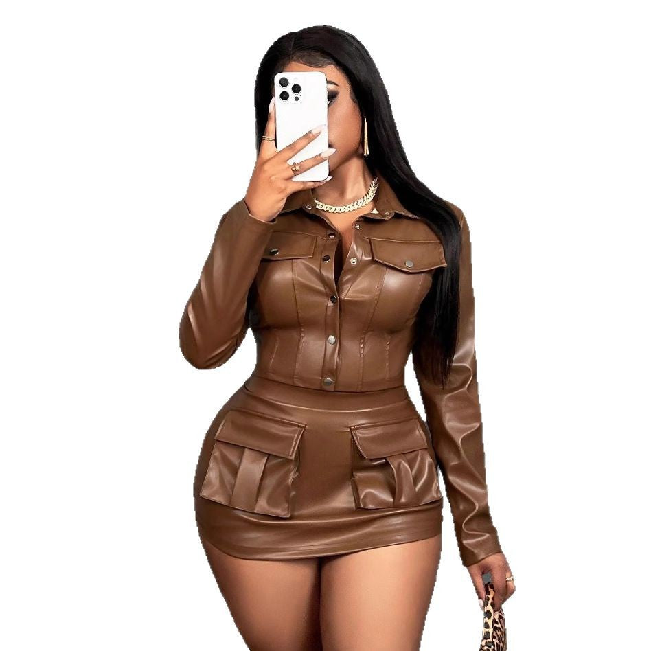 Women Faux Leather Mini Dress with Practical Flap Pockets Ivyshape