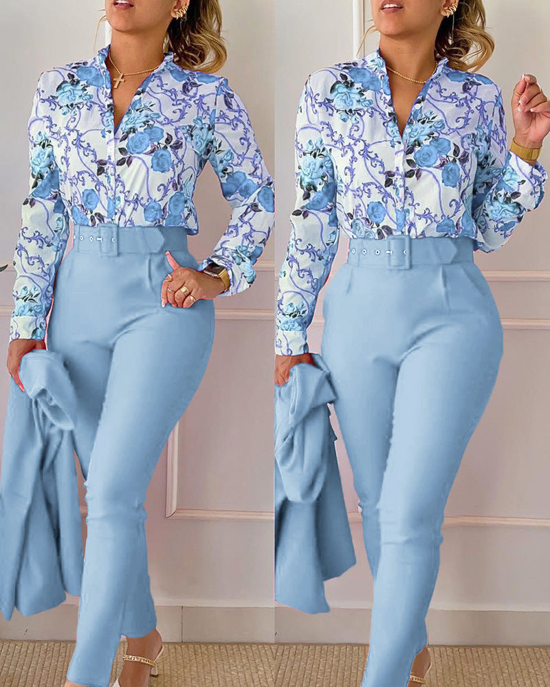 Ivyshape | Printed Shirt And Pants Set