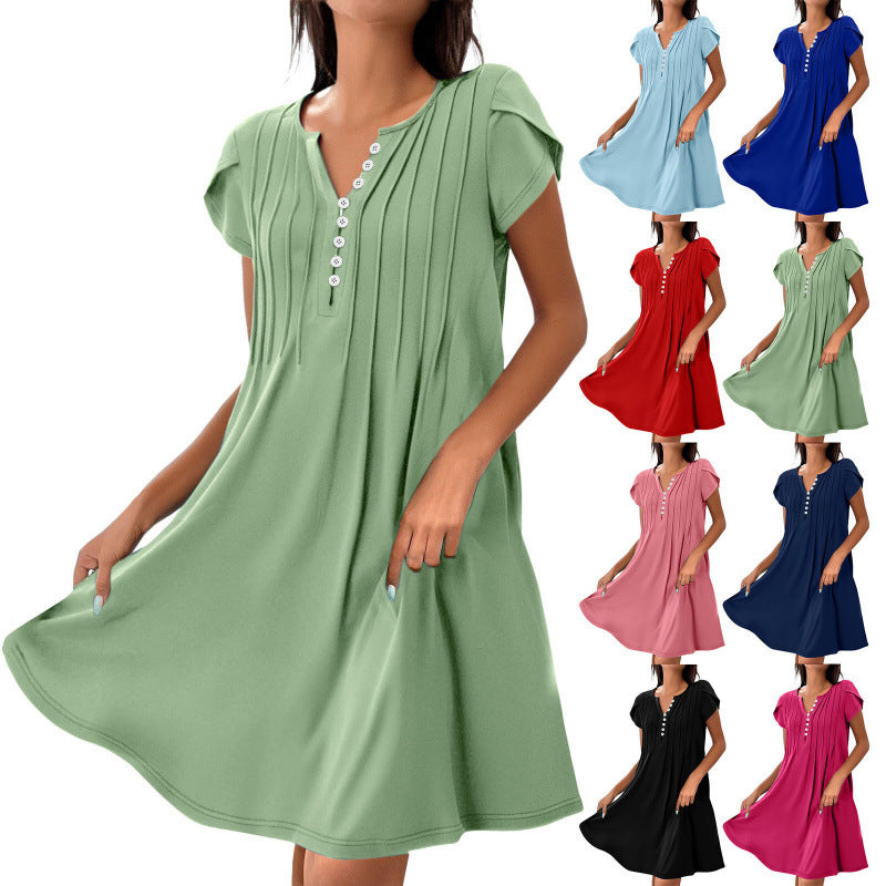 Women's Casual Short Sleeve Dress with Pleated Details and Button Placket Ivyshape