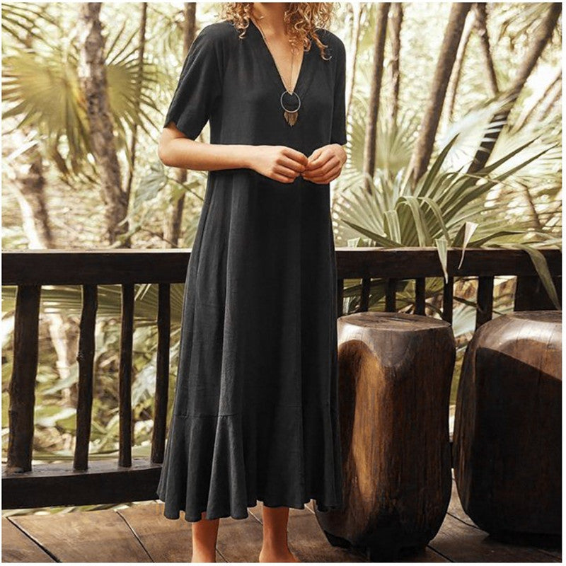 IvyShape | Casual Short Sleeve Cotton-Linen A-Line Long Dress