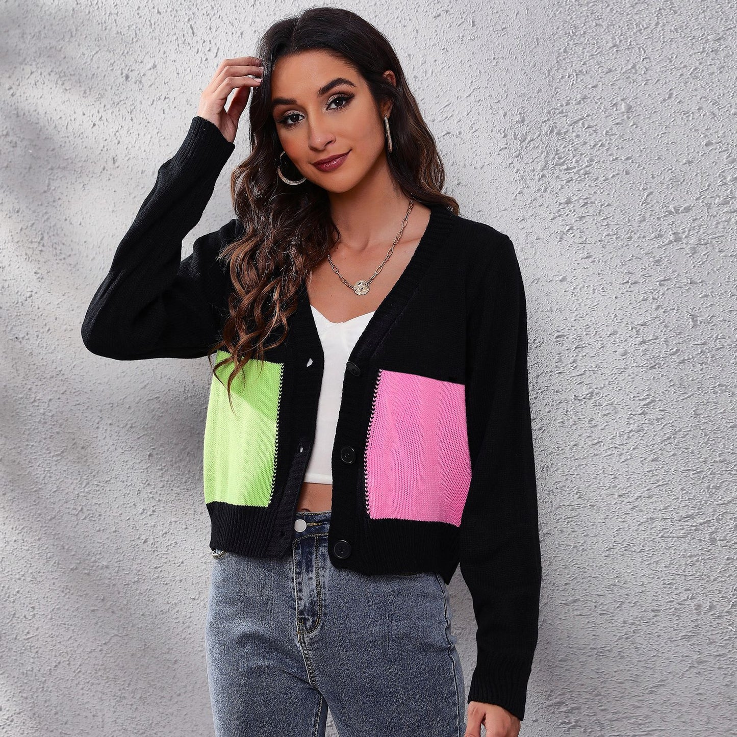 Ladies Fashion Cardigan with Colorful Pockets and Deep V-Neck Ivyshape