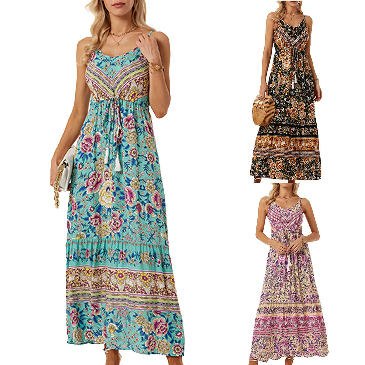 Women's Flower Bohemian Maxi Dress with Adjustable Strap Ivyshape