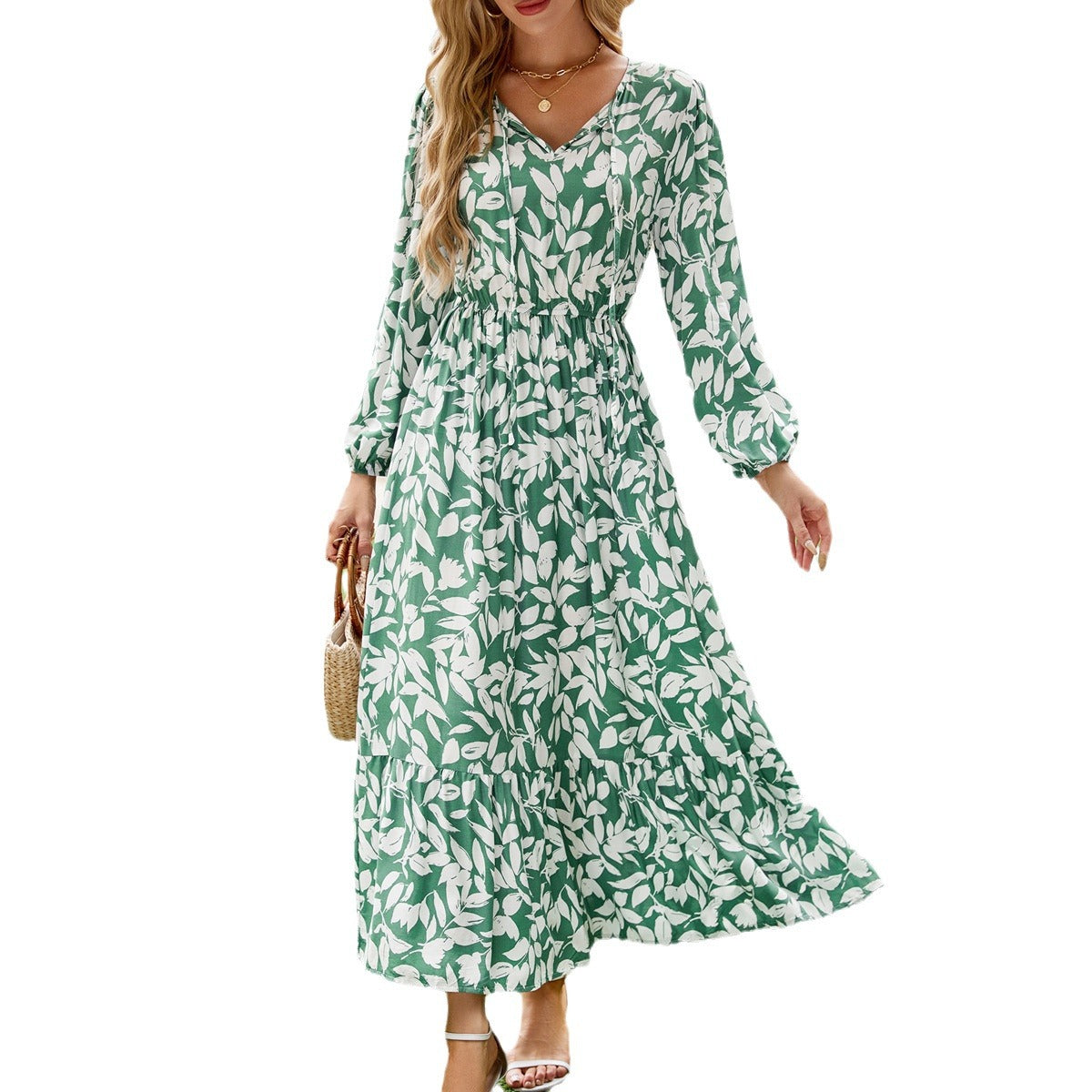 IvyShape | Printed Slimming Flared Mid-Length Long Sleeve Dress