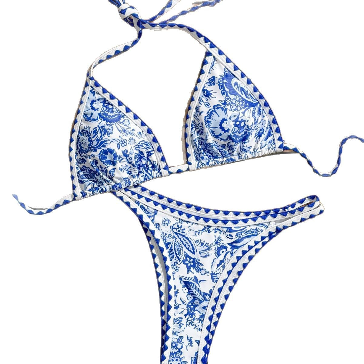 Ladies triangle bikini with floral patterns and braided details Ivyshape
