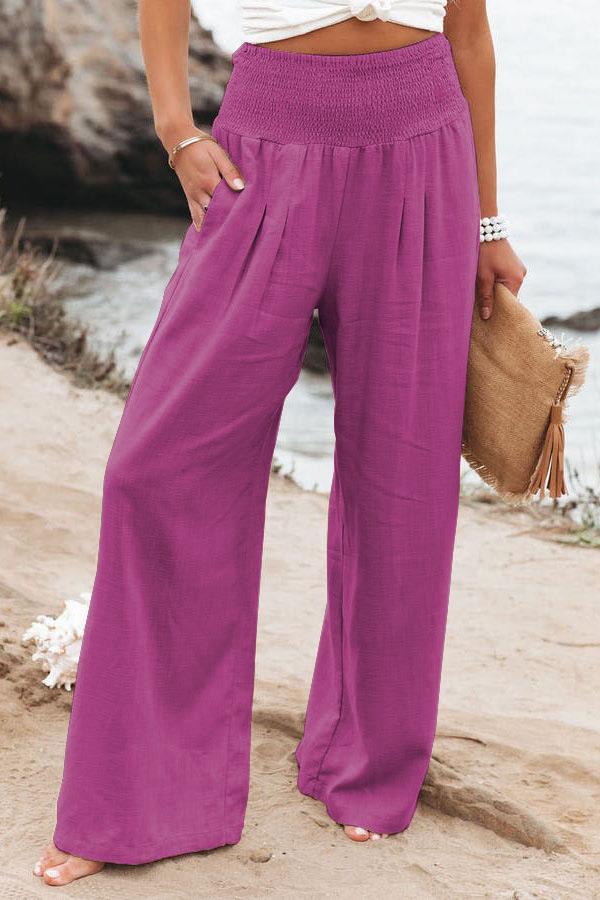 Women wide linen pants with elastic waistband and pleats Ivyshape