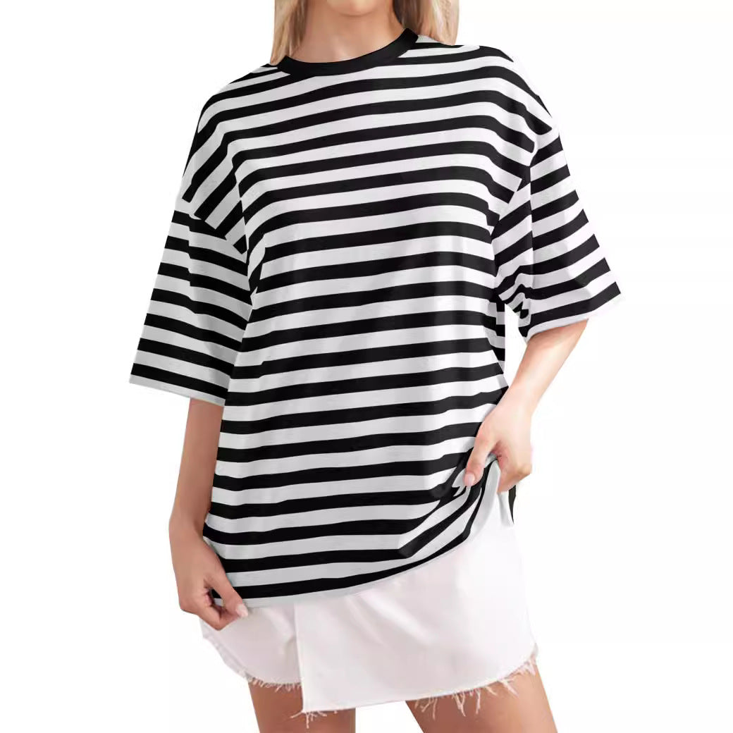 Women's Casual Oversized T-Shirt with Wide Stripes Ivyshape