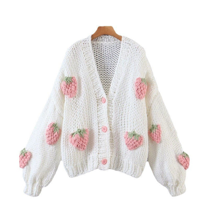 Women's cardigan with strawberry appliqués and button closure Ivyshape