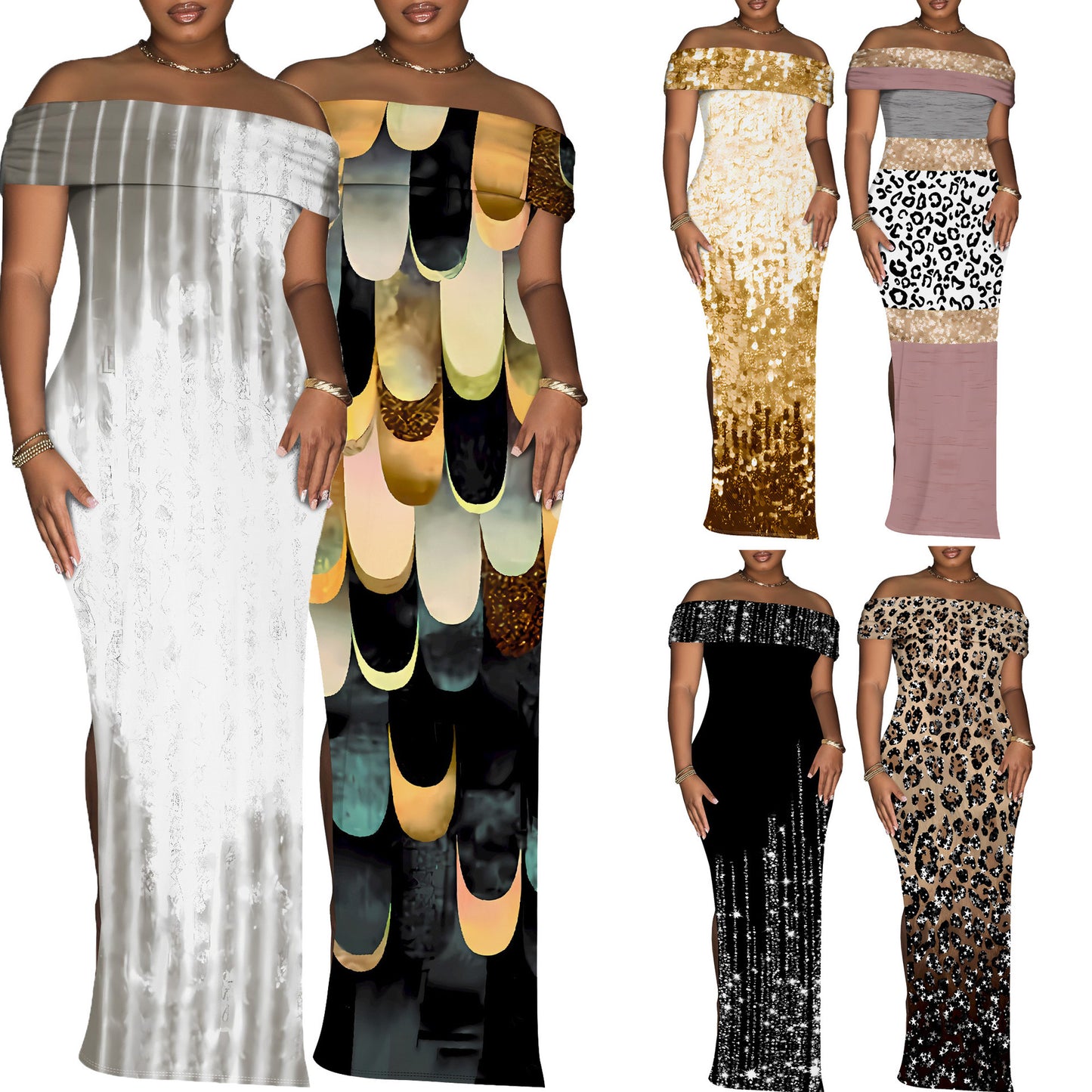 Women's Off-Shoulder Maxi Dress with Glamorous Glitter Design Ivyshape