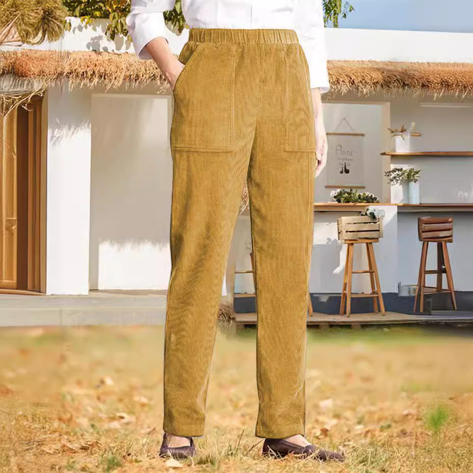 Women's corduroy pants with elastic waistband and practical pockets Ivyshape