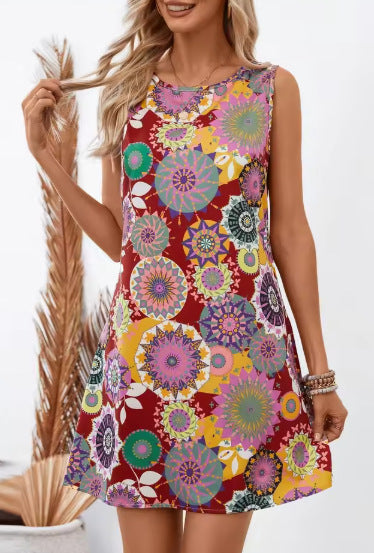 Women Sleeveless Boho Print Shift Dress Ivyshape