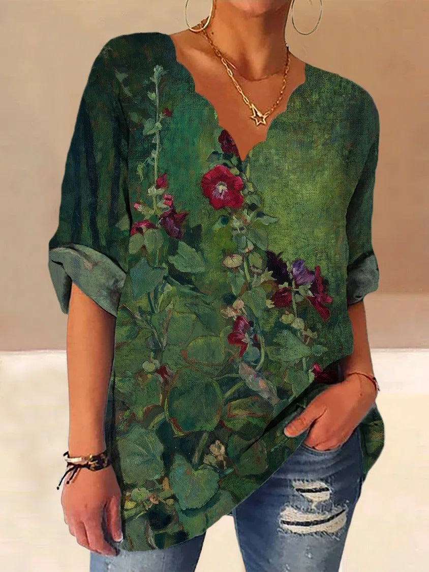 Women blouse shirt with floral design and loose fit Ivyshape