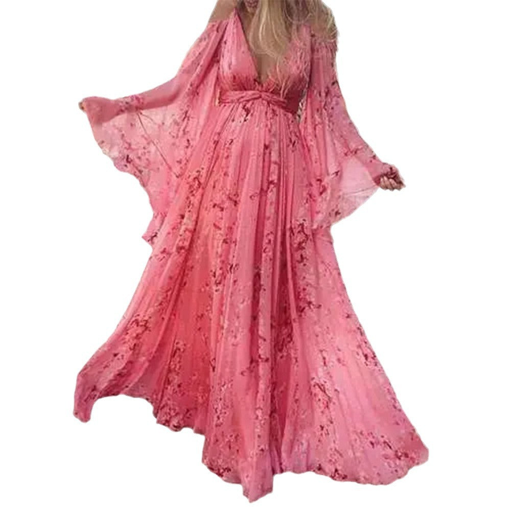 Women's Floral Maxi Dress with Deep V-Neck and Casual Sleeves Ivyshape