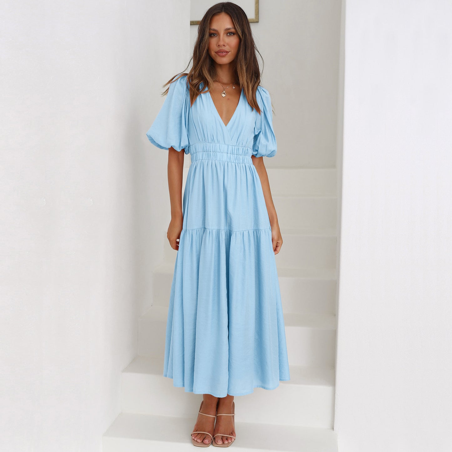 Women's Maxi Dress with V-Neck and Puff Sleeves Ivyshape