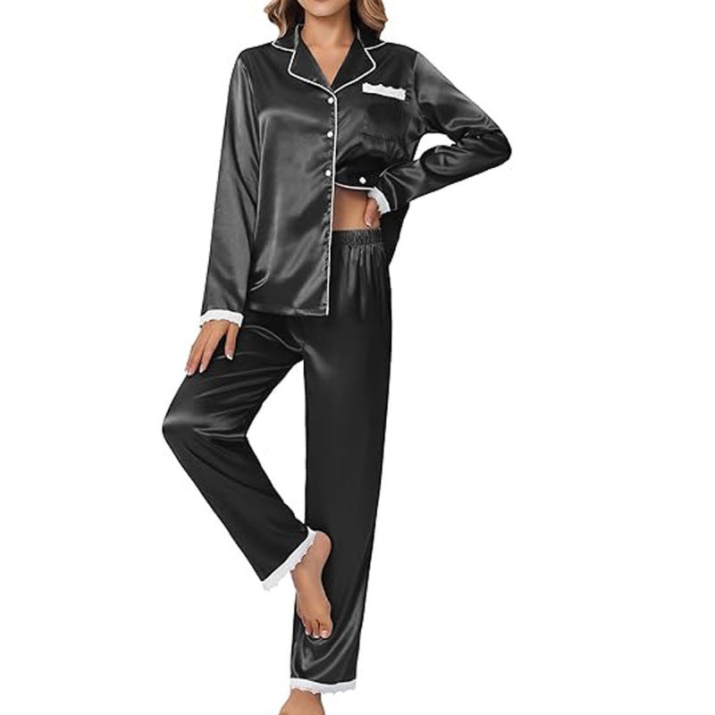 IvyShape | Satin Button-Up Lace Long Sleeve Pajamas