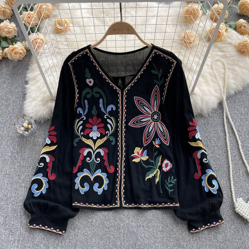 heavy industry embroidered top women's spring and autumn new V-neck loose lantern sleeves ethnic style cotton and linen shirt