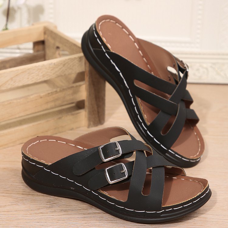 Ladies comfortable slides with fashionable buckle design and padded footbed Ivyshape