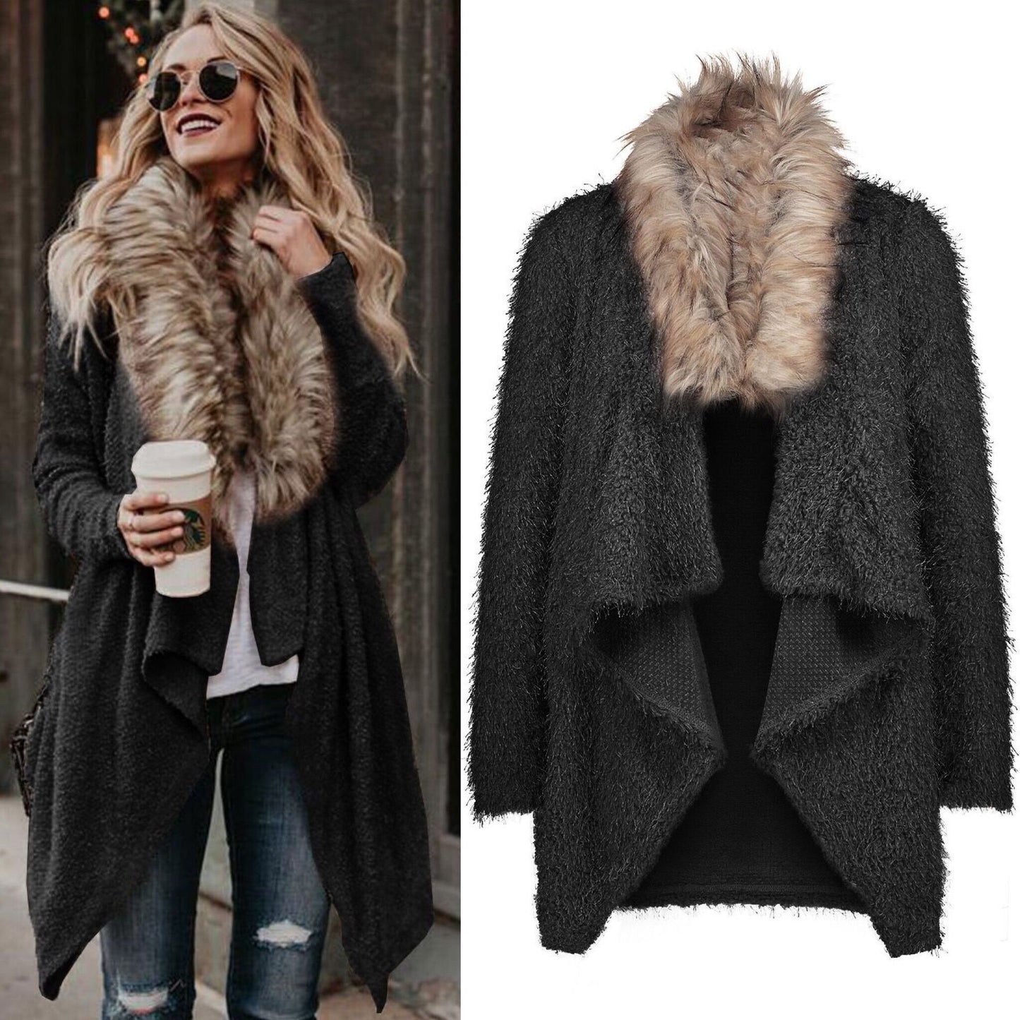 Women's Fluffy Cardigan with Removable Faux Fur Collar Ivyshape