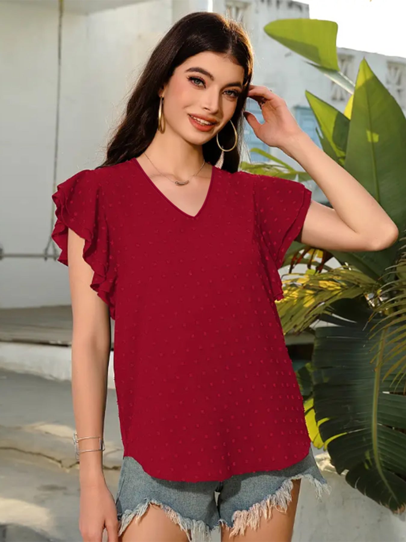 Women Ruffle Sleeve V-Neck Blouse Ivyshape