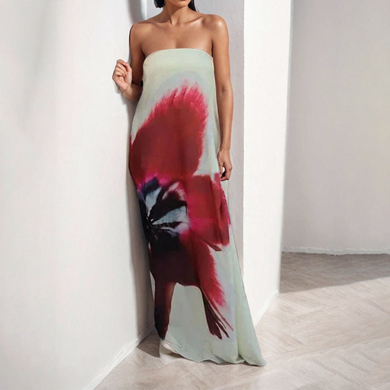 IvyShape | Elegant Strapless Printed Maxi Dress with Flared Skirt