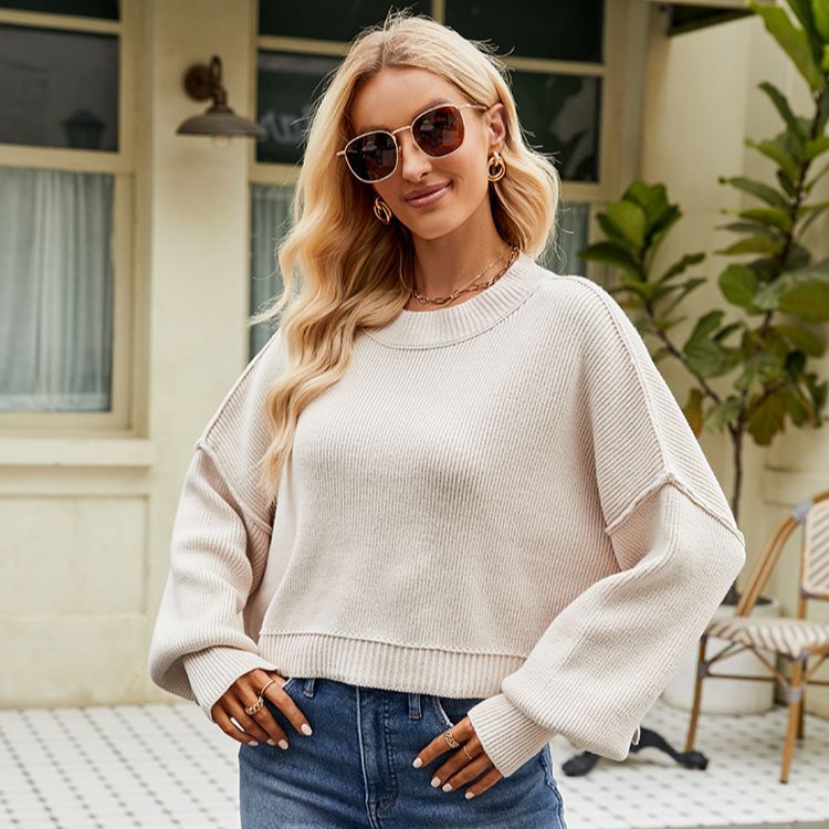 IvyShape | Stylish long-sleeve round neck knit top