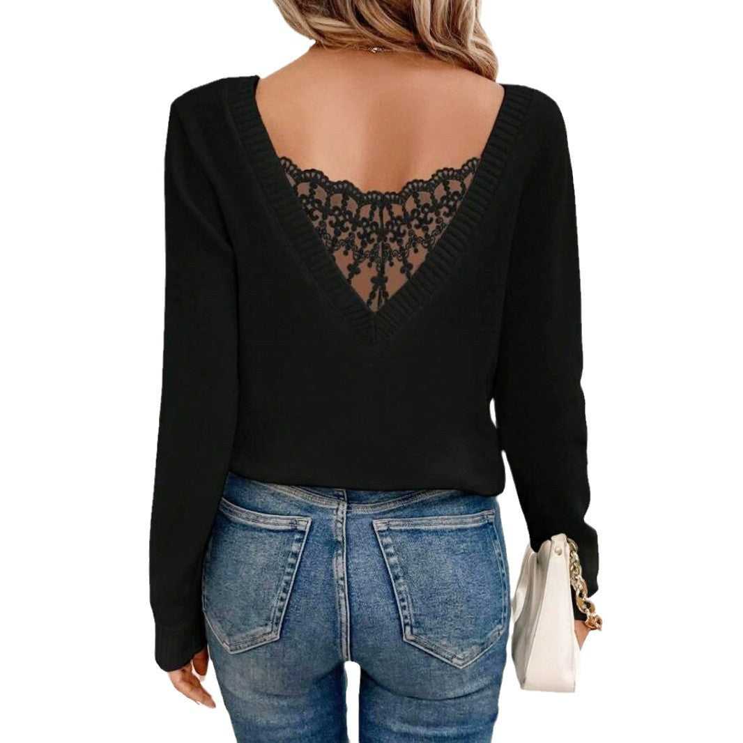 Ladies elegant knit pullover with lace back Ivyshape