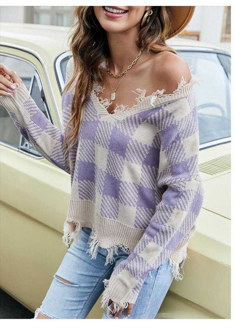 IvyShape | V-neck fringe sweater