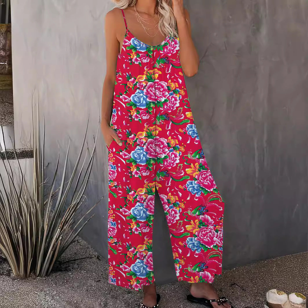 IvyShape | Printed Insert Pocket Loose Casual Strap Jumpsuit