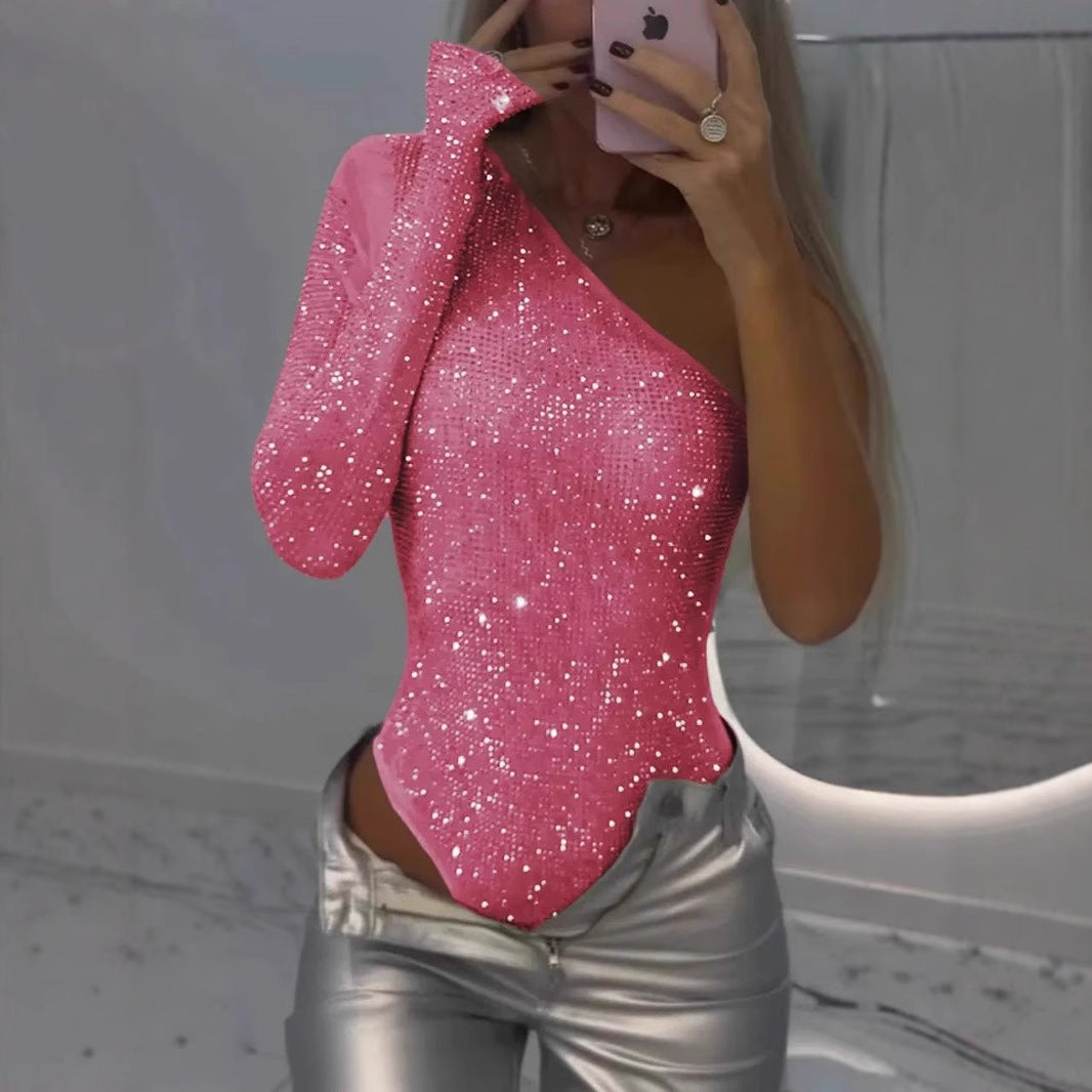 IvyShape | One-Shoulder Rhinestone Sequin Top