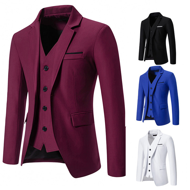 Men's elegantly equipped suit set with blazer, vest, and trousers Ivyshape