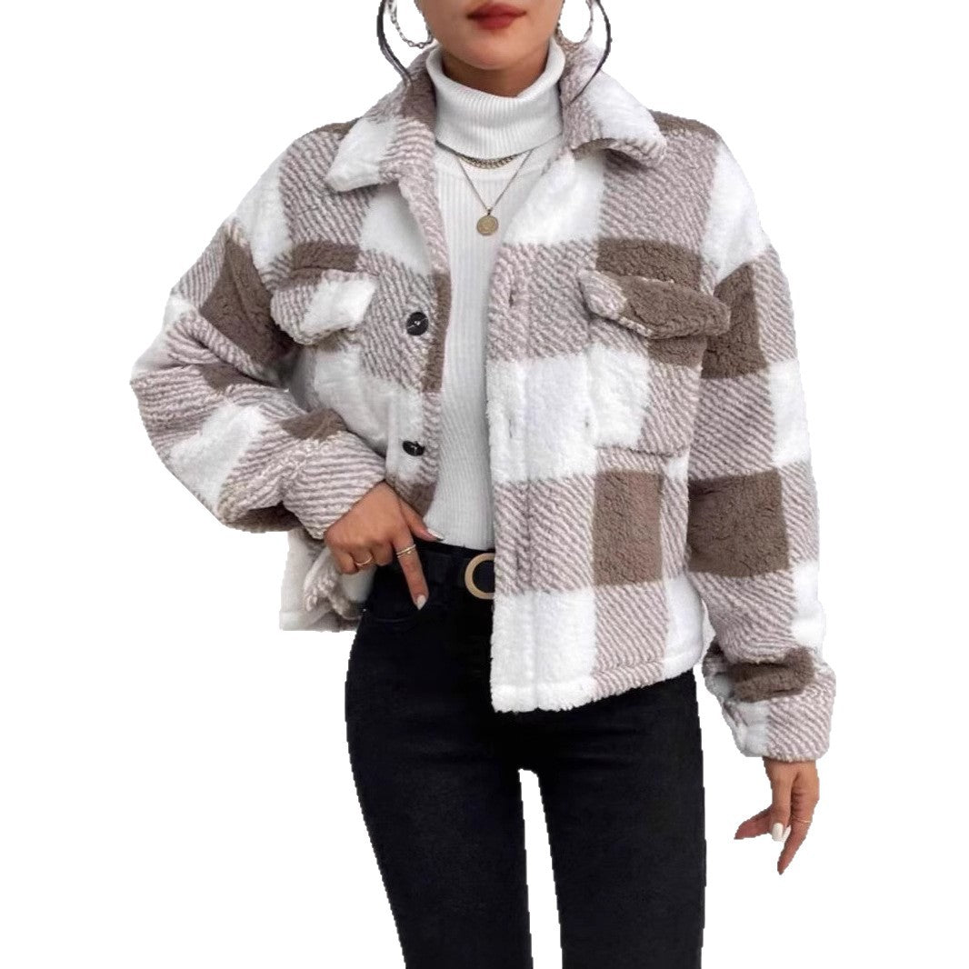 Women's Cosy Check Jacket with Fold-Down Collar Ivyshape