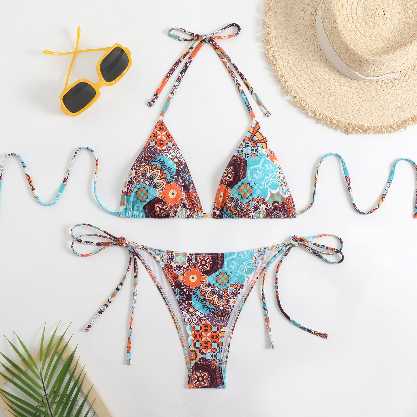 Ladies triangle bikini with floral pattern and playful ruffles Ivyshape