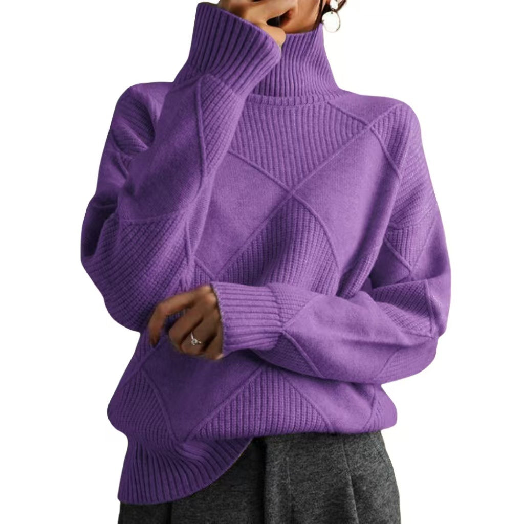 Women's high-quality knitted sweater with standing collar and extravagant diamond pattern Ivyshape