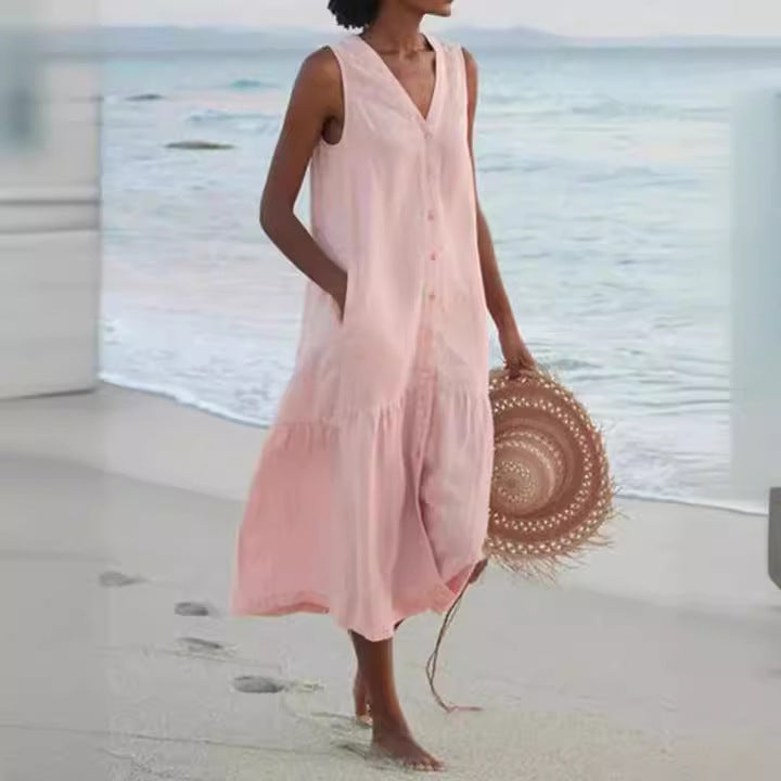 Women's airy maxi dress with button placket and practical pockets Ivyshape