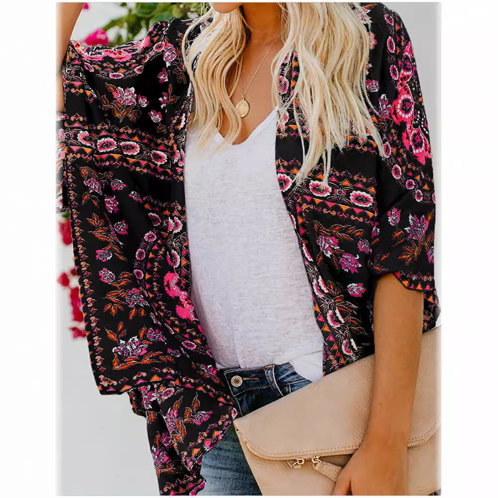 Ladies airy kimono with floral pattern and loose fit Ivyshape