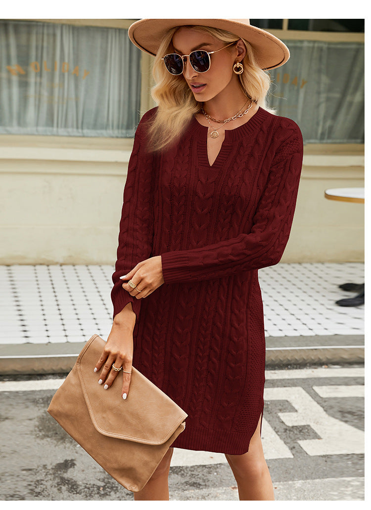 IvyShape | Cable Knit Solid Split Sweater Dress