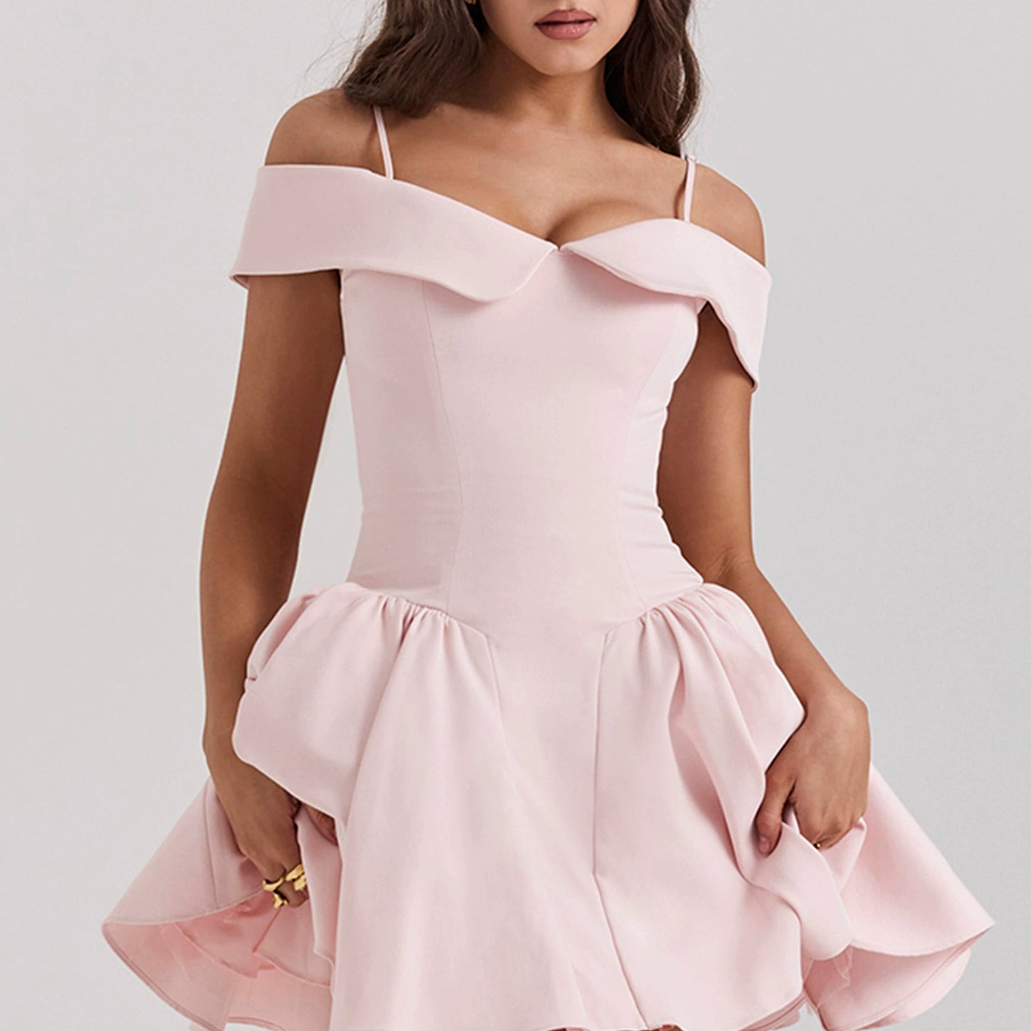 Women's Elegant Off-Shoulder Mini Dress with Voluminous Hem and Clever Pleats Ivyshape