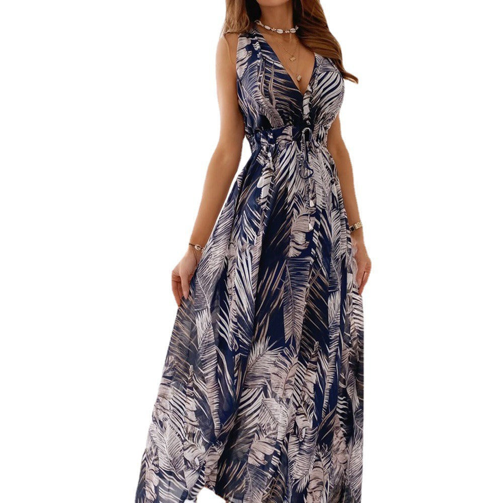 Ladies Maxi Dress with elegant V-neck and elaborate tropical design Ivyshape