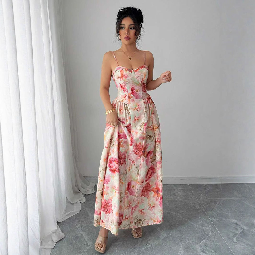 Women's Floral Maxi Dress with Flared Skirt and Thin Straps Ivyshape