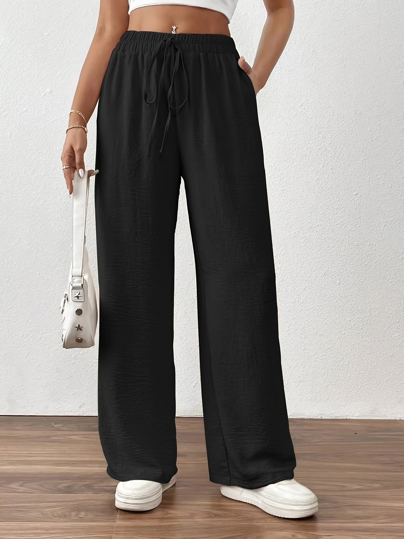 Women's Summer Palazzo Pants with Elastic Waistband and Tie Belt Ivyshape