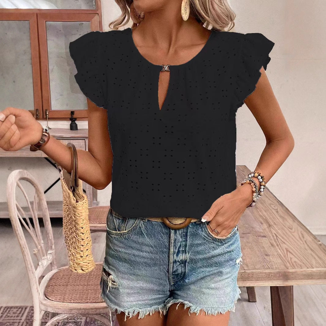 IvyShape | Jacquard V-Neck Puff Sleeve Tee Top