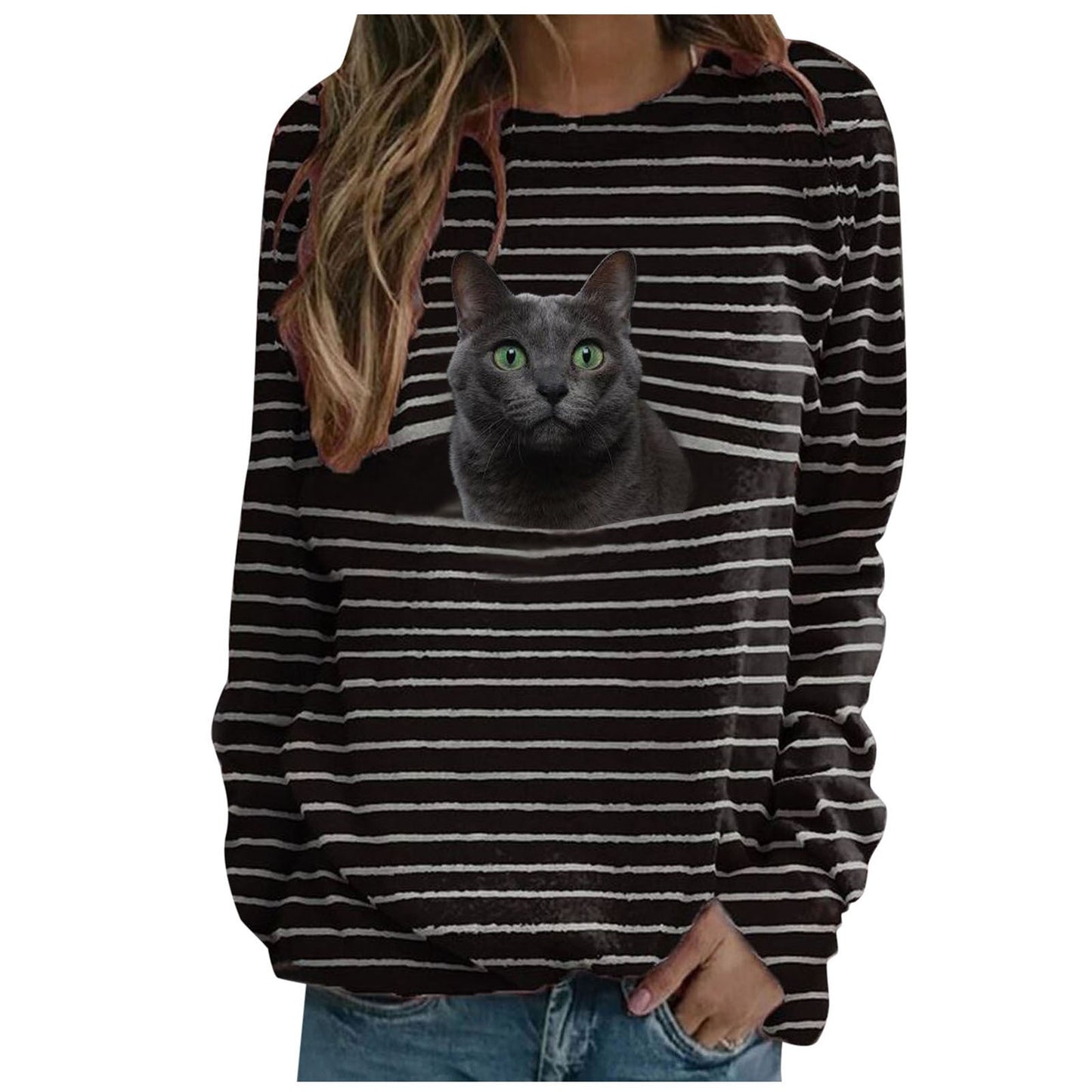 IvyShape | Playful Cat Print Striped Women's T-Shirt