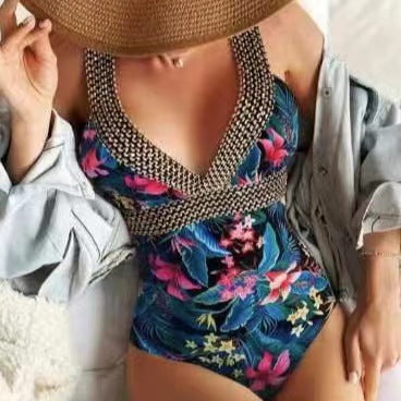 Women Elegant Swimsuit with Deep V-Neck and Floral Design Ivyshape