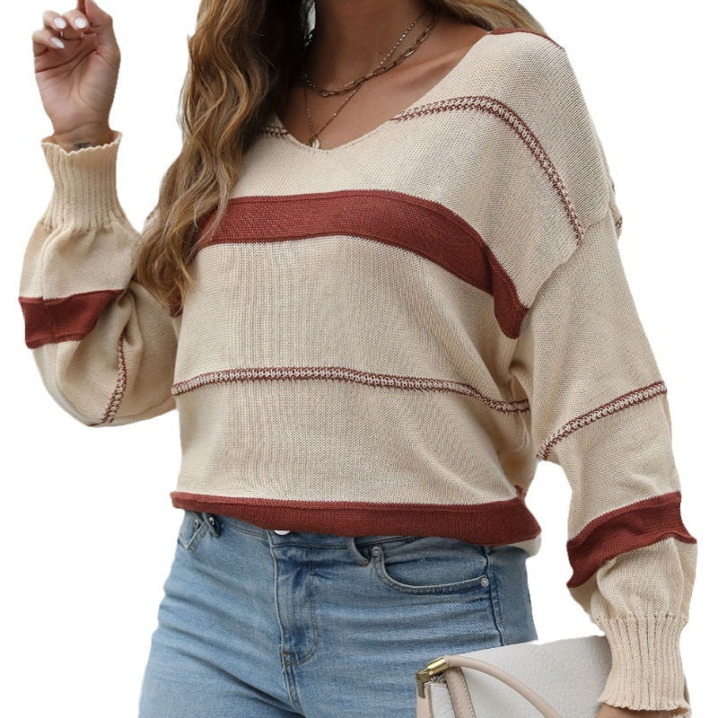 IvyShape | Trendy Striped V-Neck Pullover Sweater Top