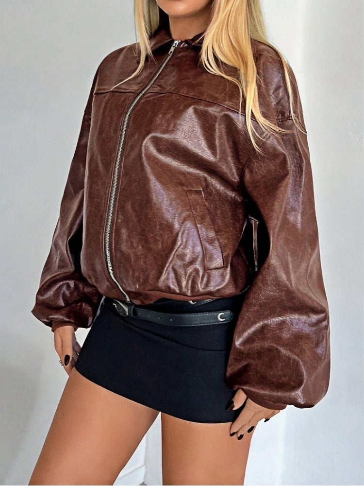 Women Faux Leather Bomber Jacket Ivyshape