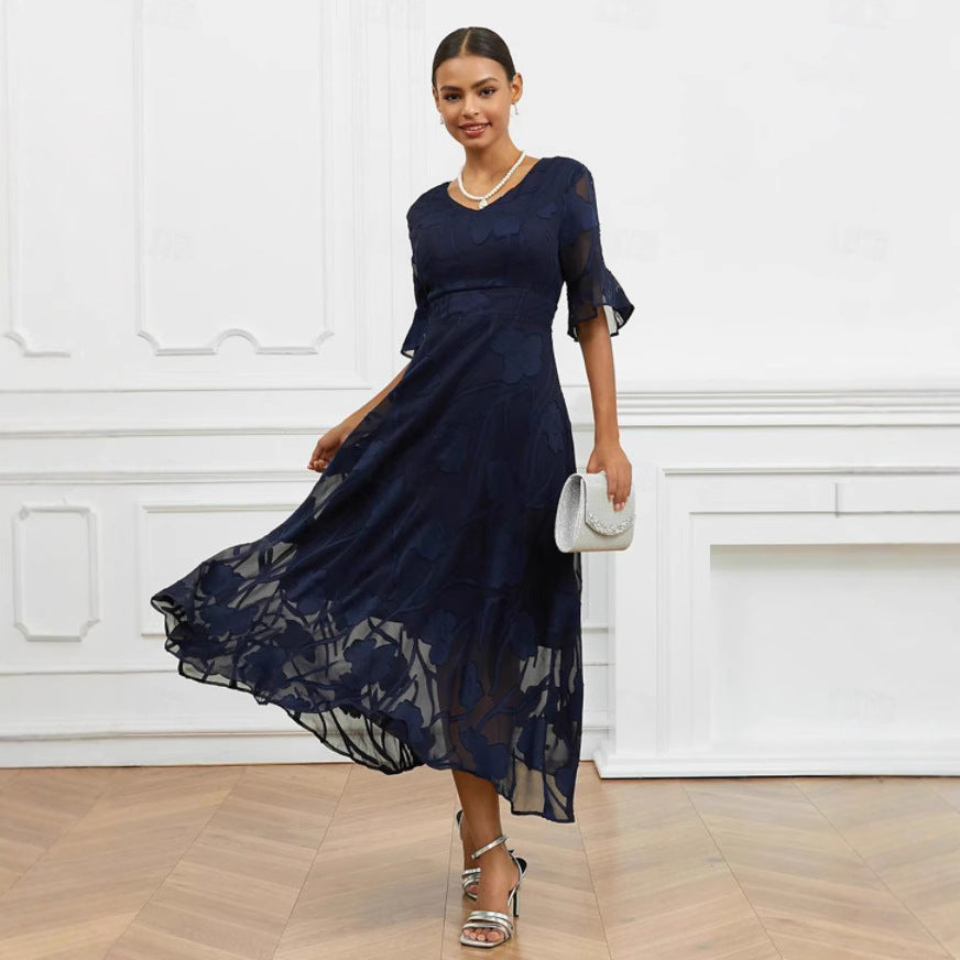 Ladies elegant midi dress with floral chiffon and V-neck Ivyshape