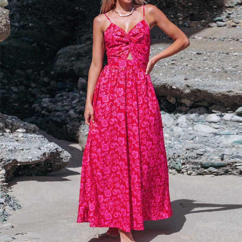 IvyShape | Floral Knot V-Neck Flowing Long Dress