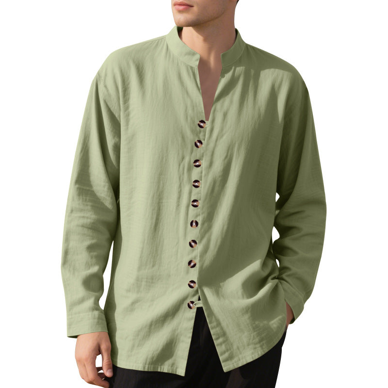 Men's stylish long-sleeve shirt with fashionable stand-up collar and unique button detail Ivyshape