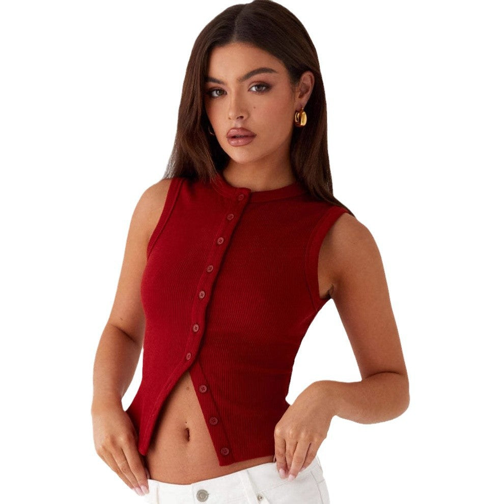 Ladies Short Sleeve Ribbed Knit Top with Button Placket Ivyshape